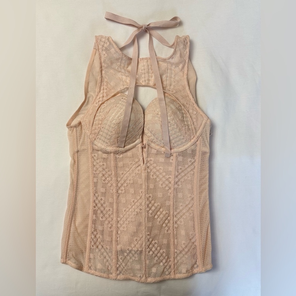 Victoria's Secret Lace Corset Blush Pink High Neck Side Zip Size 34B Romantic - Picture 2 of 13